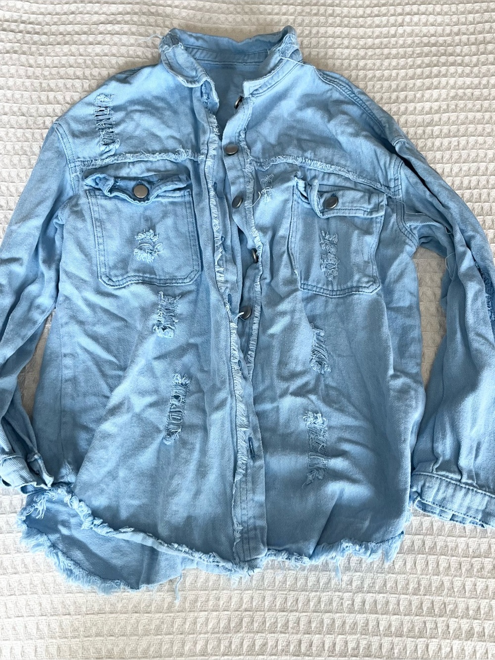 Light Blue Distressed Women's Button-Down Shacket size small